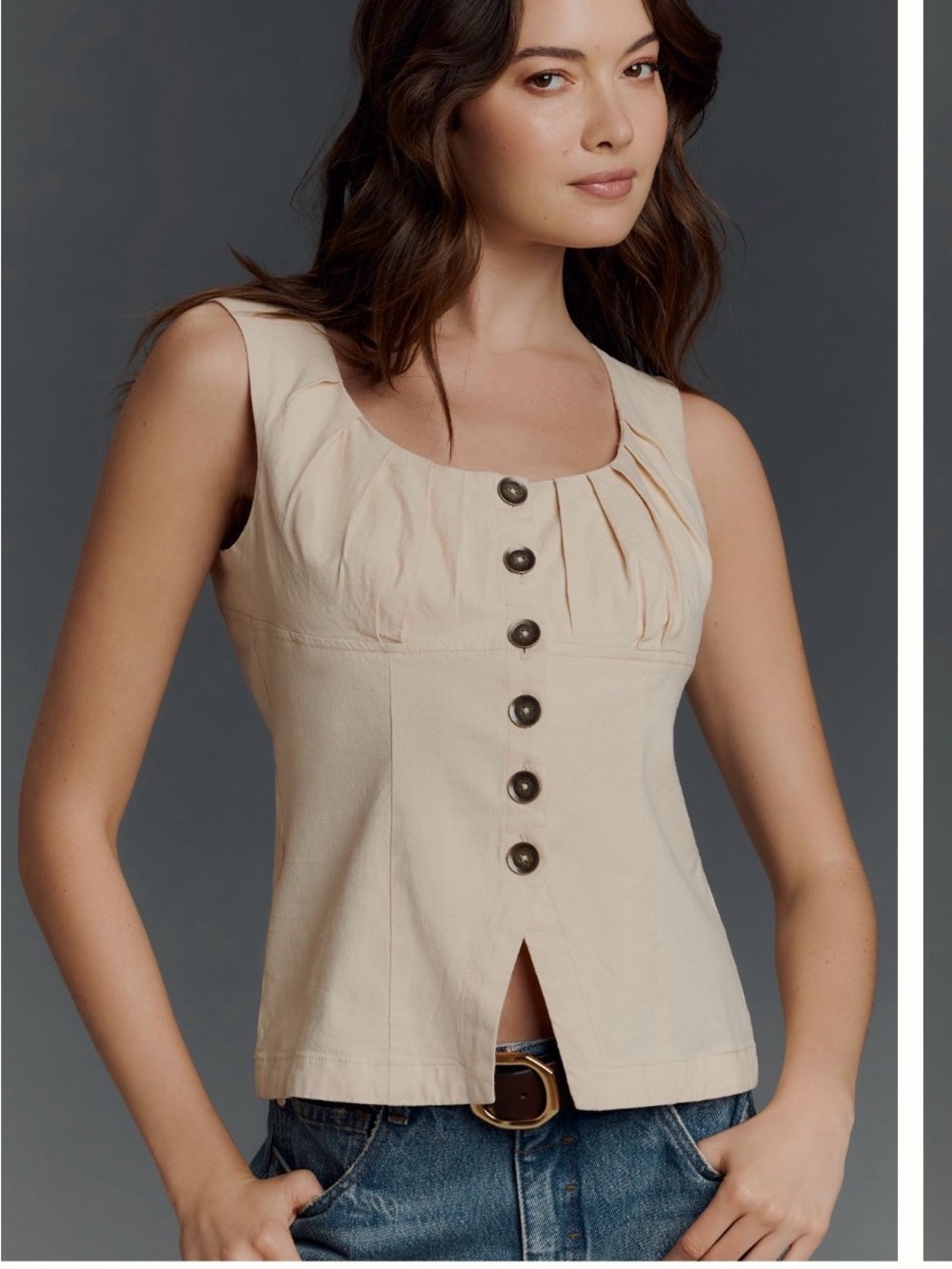 Anthropologie Beige Sleeveless Button-Front Top